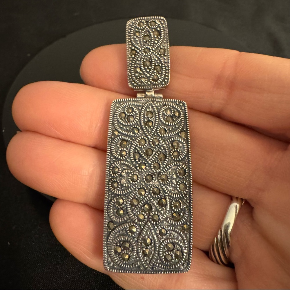 Vintage Sterling Silver Marcasite Filigree Pendant - Picture 6 of 7